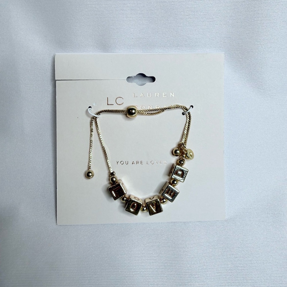 NWT Lauren Conrad Gold-Tone “LOVED” Bracelet – You Are Loved Charm Jewelry - Picture 2 of 3